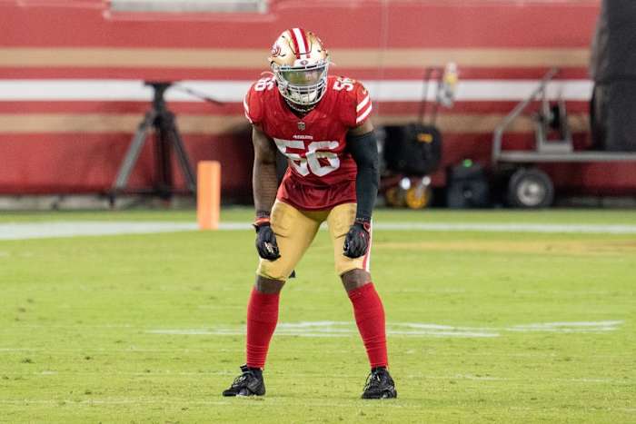 October 4, 2020; Santa Clara, California, USA; San Francisco 49ers outside linebacker Kwon Alexander (56) during the third quarter against the Philadelphia Eagles at Levi's Stadium. Mandatory Credit: Kyle Terada-USA TODAY Sports